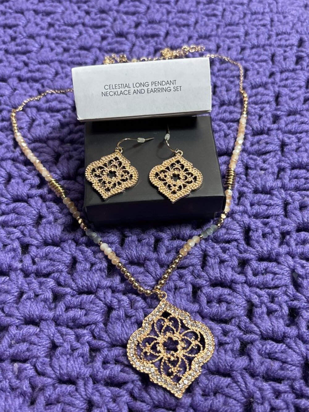 Avon Celestial Long Pendant Necklace and Earrings Set New in Box